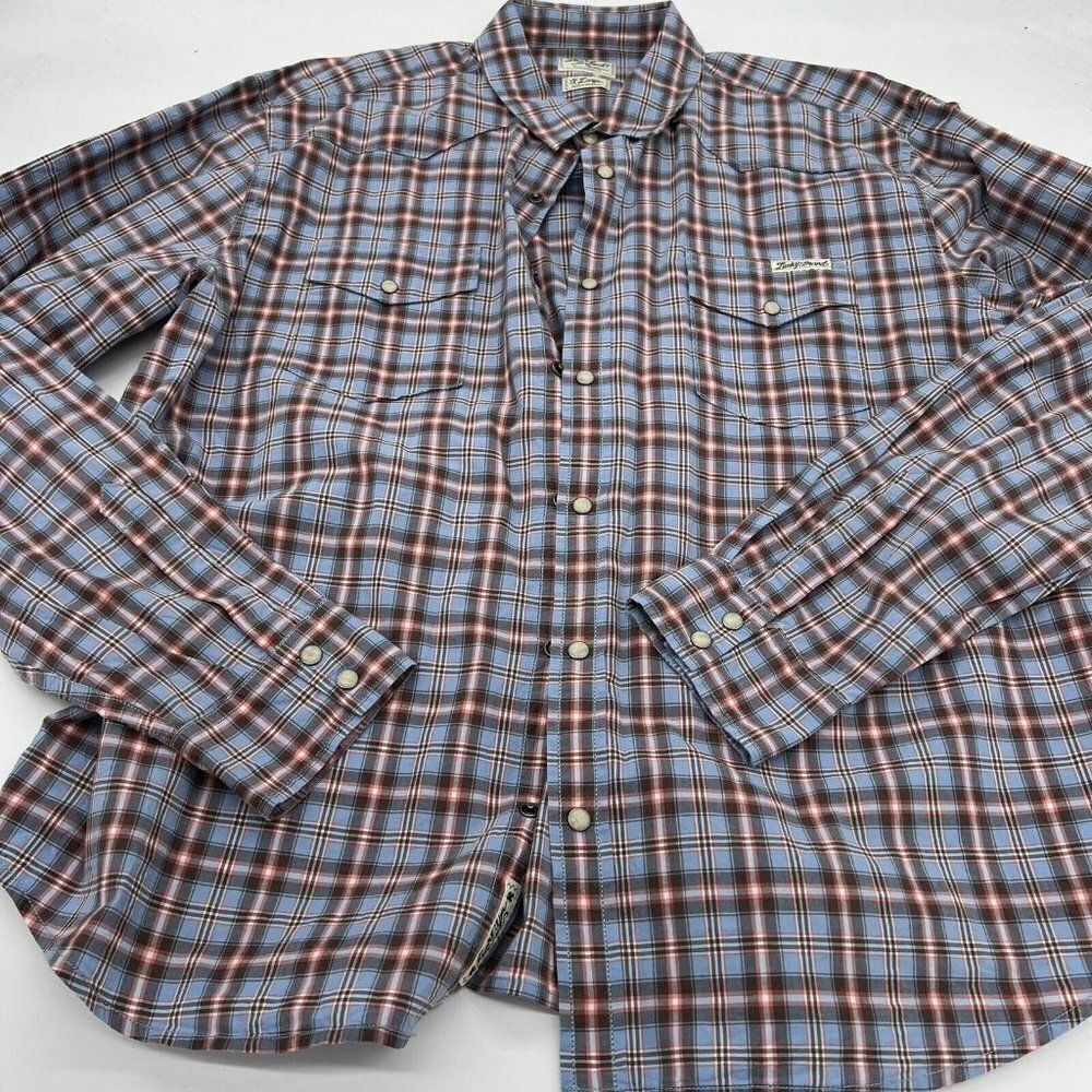 Lucky Brand Pearl Snap Shirt Adult X-Large Blue Plaid Long Sleeve Western Mens